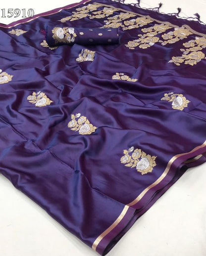 Blue PurplePure Satin Silk Handloom Weaving Saree