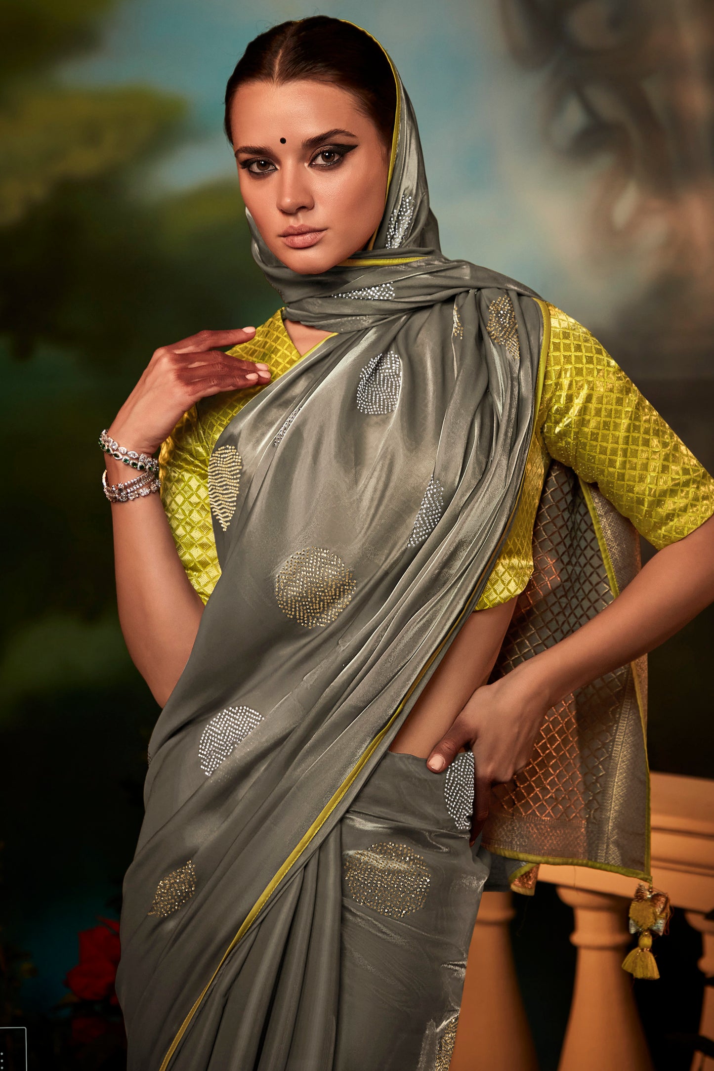 Ash Grey Feather Light Organza Saree with Designer Blouse