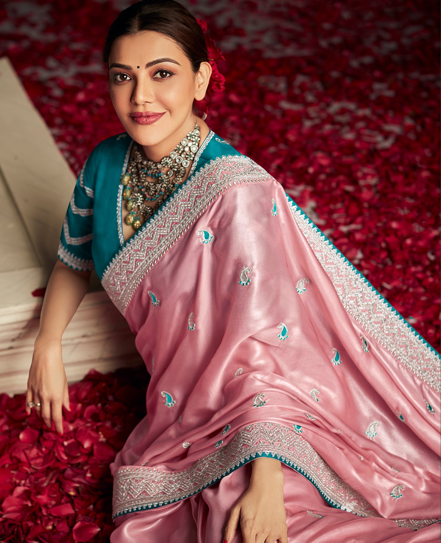 Pretty Pink Shimmer Organza Saree with Teal Banarasi Embroidered Blouse