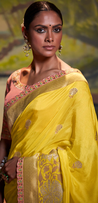 Sunshine Yellow Woven Banarasi Saree with Peach Blouse