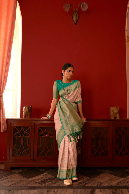 Pastel Pink Soft Kanjivaram Style Saree with Dark Green Pattu Border