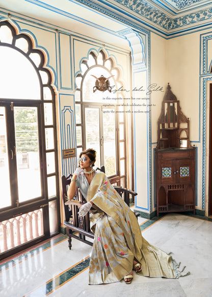 Silver Grey Banarasi Jungla Jaal Meenakari Weaving Saree for Weddings