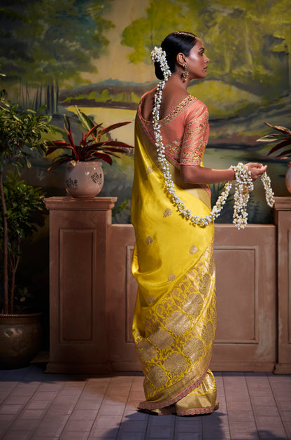 Sunshine Yellow Woven Banarasi Saree with Peach Blouse