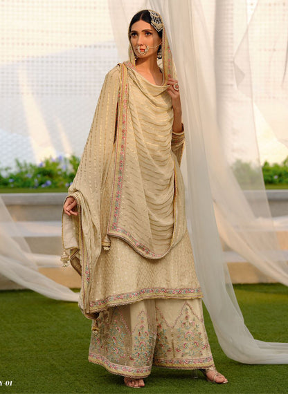Ivory White Designer Embroidered Suit with Pants and Dupatta