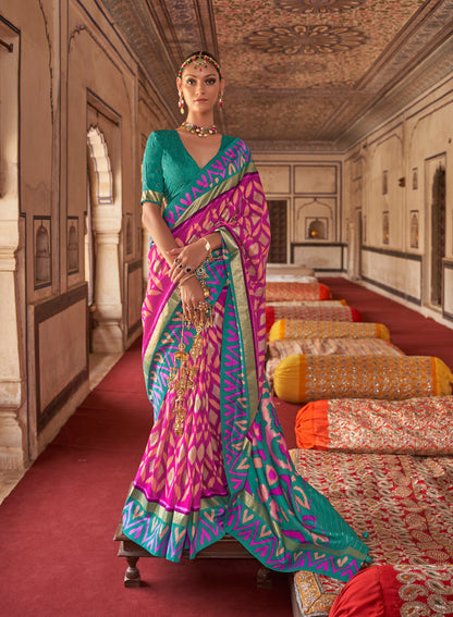 Dark Pink Ikat Design Patola Saree in Pure Satin Silk