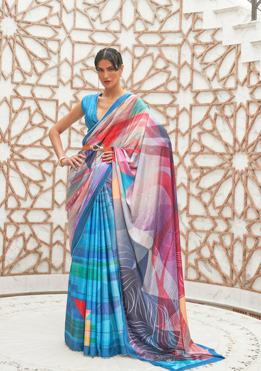 Shades of Blue Abstract Printed Pure Satin Silk Saree with Blouse