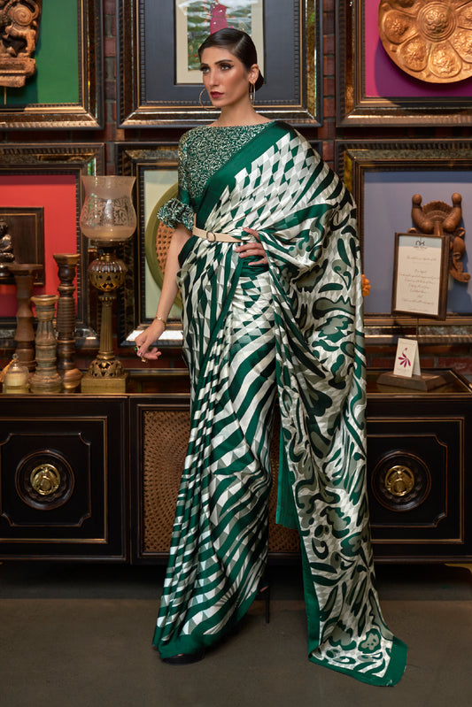 Fern Green Designer 3d Printed Soft Satin Silk Saree with Blouse