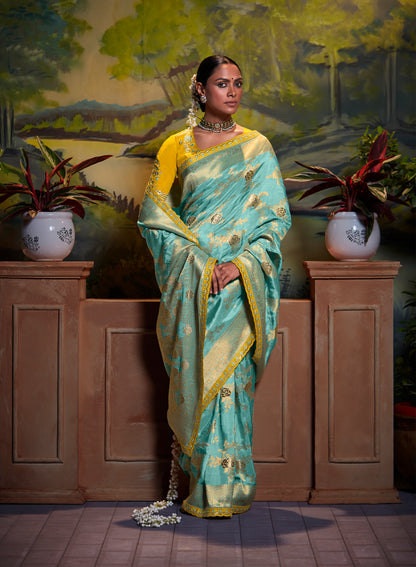 Dark Sage Banarasi Woven Designer Saree with Embroidery and Yellow Blouse