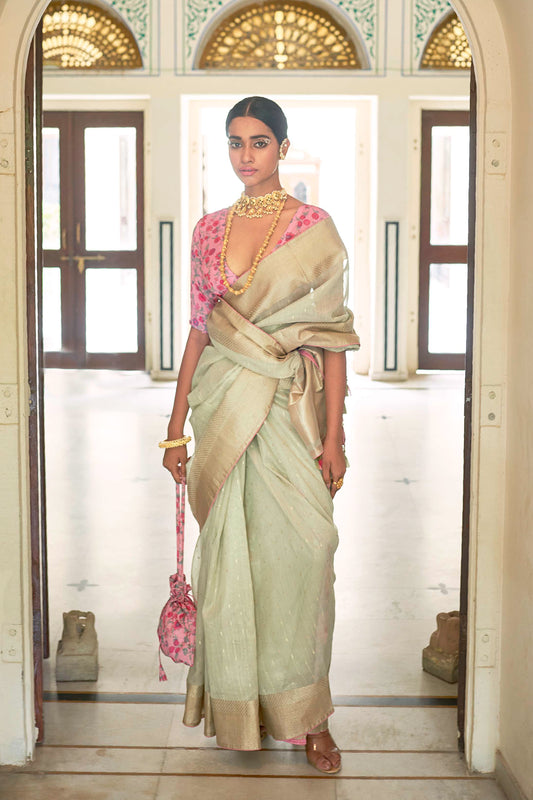 Light Mint Zari Woven Organza Saree with Pink Printed Blouse