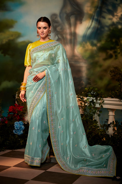Breezy Green Feather Light Organza Saree with Designer Blouse