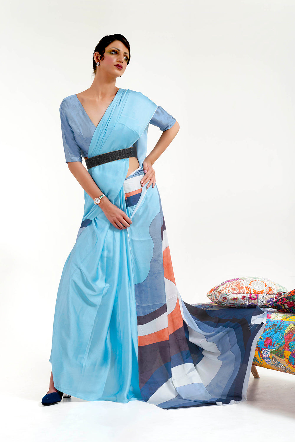 Light Blue  Designer Pure Satin Silk Saree with Blouse