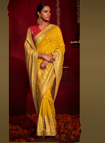 Haldi Yellow Woven Banarasi Saree with Red Blouse