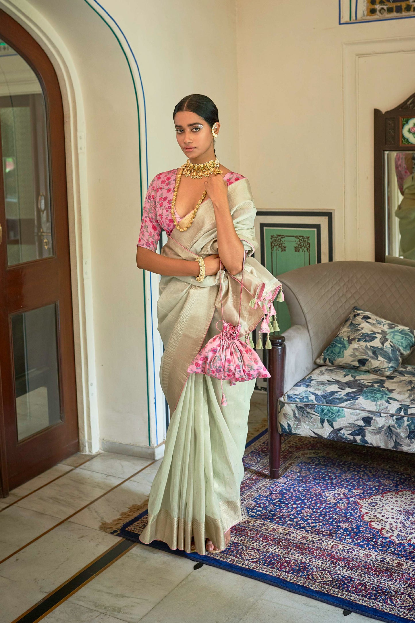 Light Mint Zari Woven Organza Saree with Pink Printed Blouse