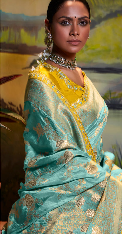 Dark Sage Banarasi Woven Designer Saree with Embroidery and Yellow Blouse