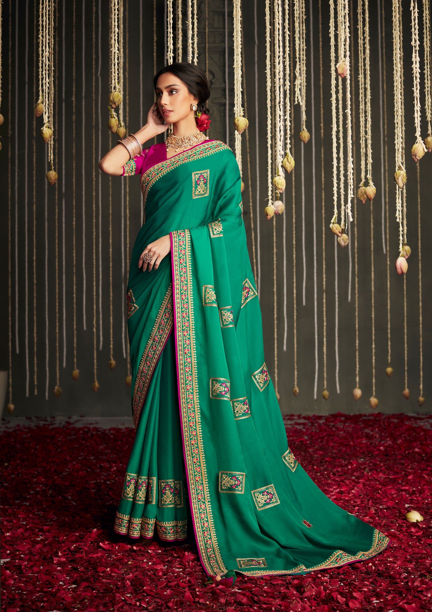 Fern Green Satin Silk Designer Saree with Pink Blouse