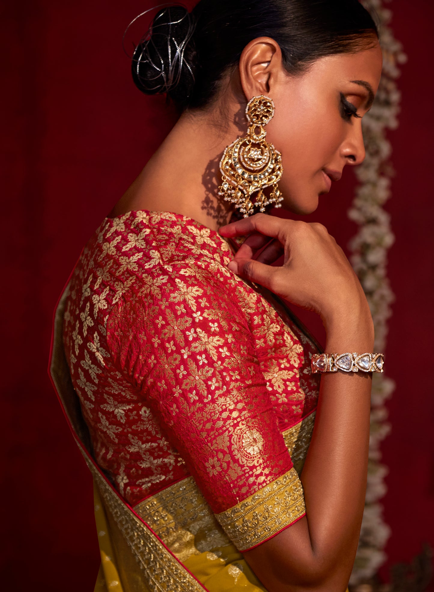 Haldi Yellow Woven Banarasi Saree with Red Blouse