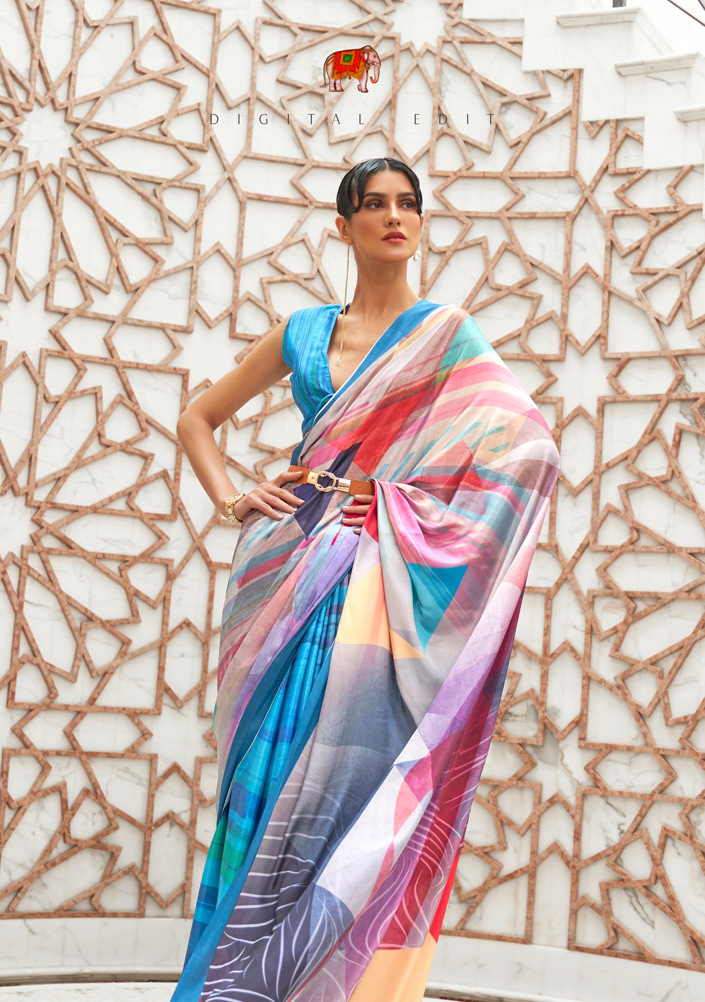 Shades of Blue Abstract Printed Pure Satin Silk Saree with Blouse