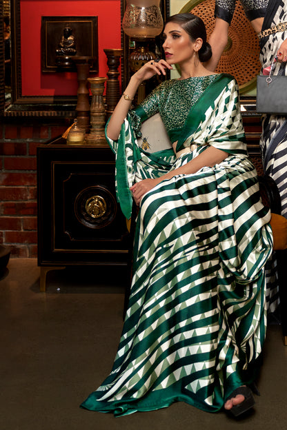 Fern Green Designer 3d Printed Soft Satin Silk Saree with Blouse