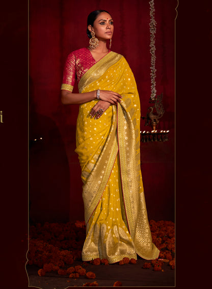 Haldi Yellow Woven Banarasi Saree with Red Blouse