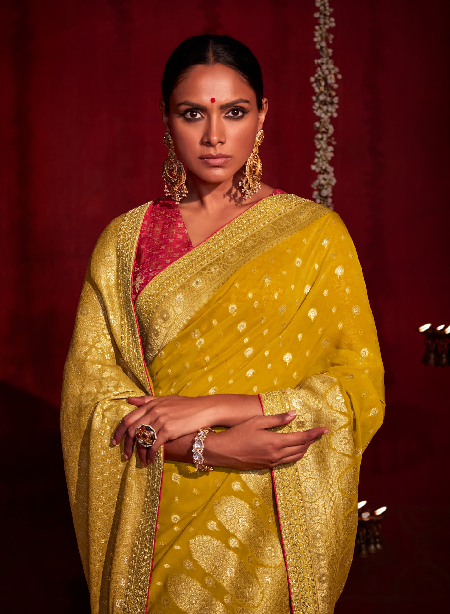 Haldi Yellow Woven Banarasi Saree with Red Blouse