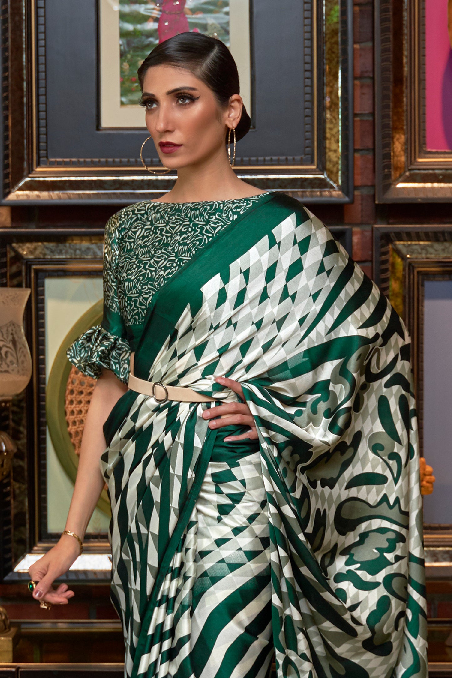 Fern Green Designer 3d Printed Soft Satin Silk Saree with Blouse