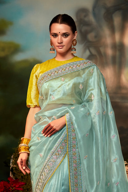 Breezy Green Feather Light Organza Saree with Designer Blouse