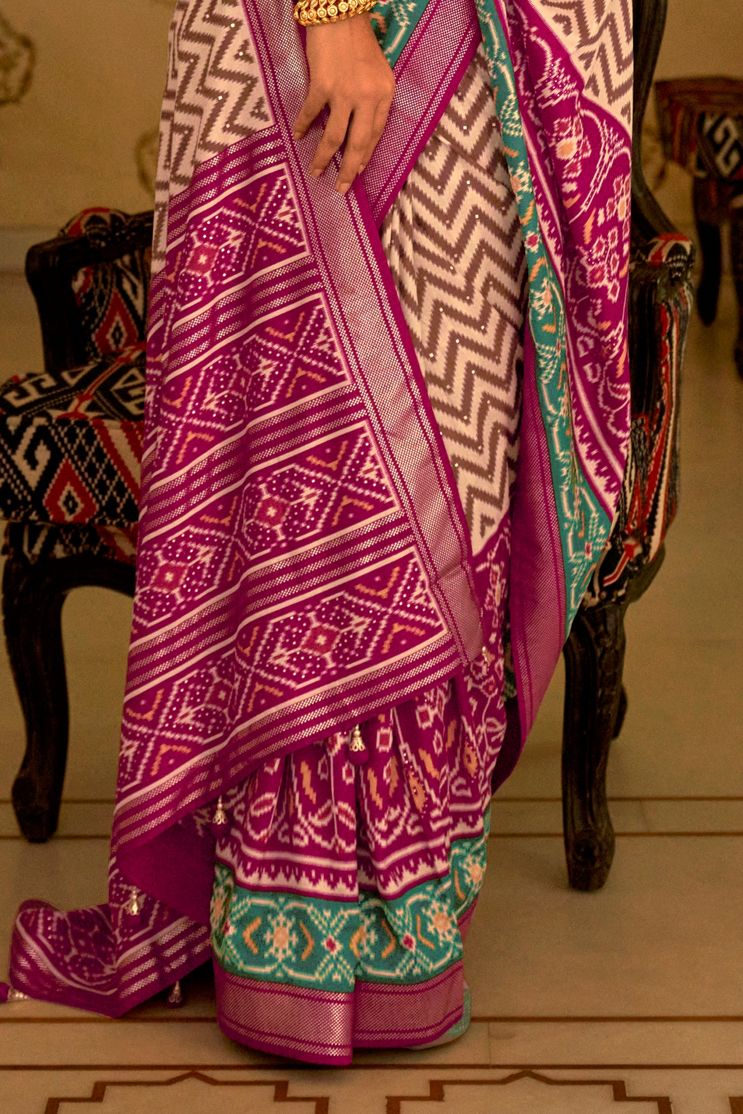 Pink with White Patola Design Saree with Contrast Zari Border and Pallu
