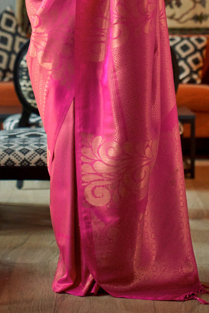 Scarlet Pink Copper Zari Woven Soft Silk Saree