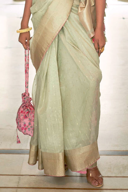 Light Mint Zari Woven Organza Saree with Pink Printed Blouse