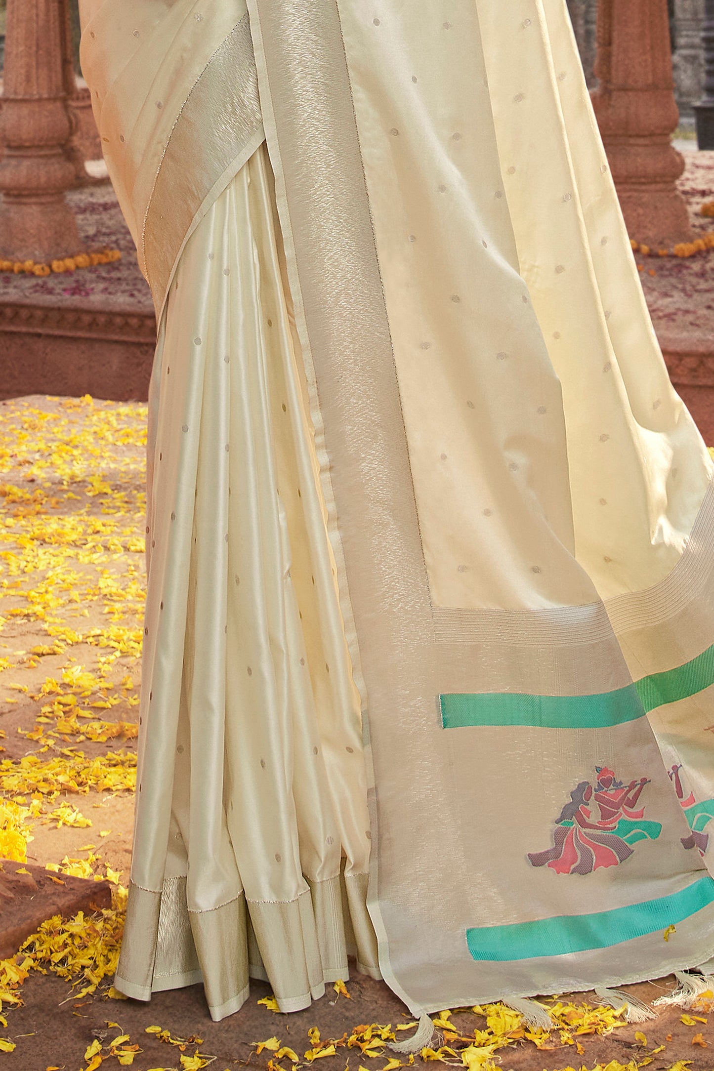 Creme White Designer Paithani Saree with Unique Pallu