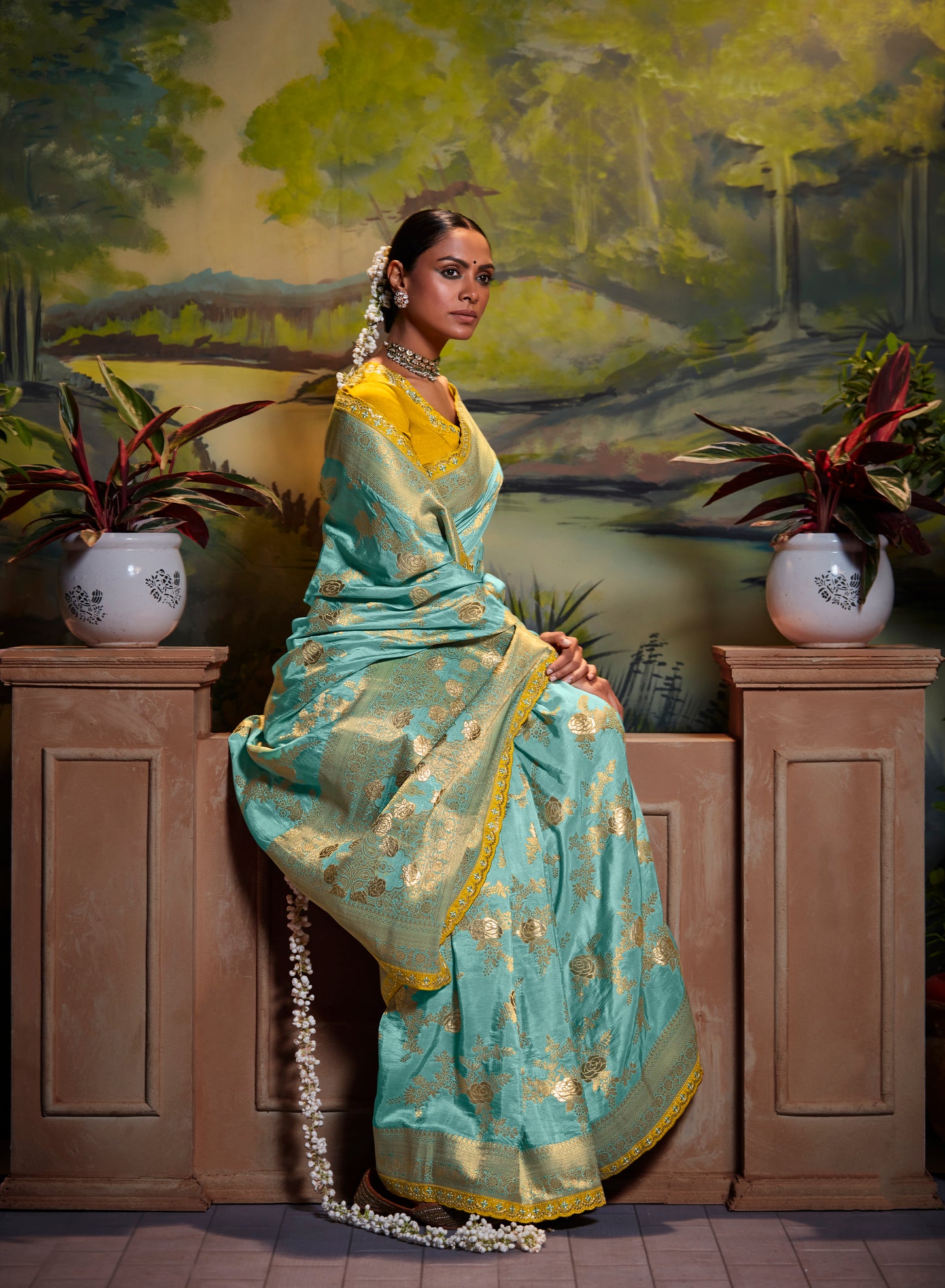 Dark Sage Banarasi Woven Designer Saree with Embroidery and Yellow Blouse