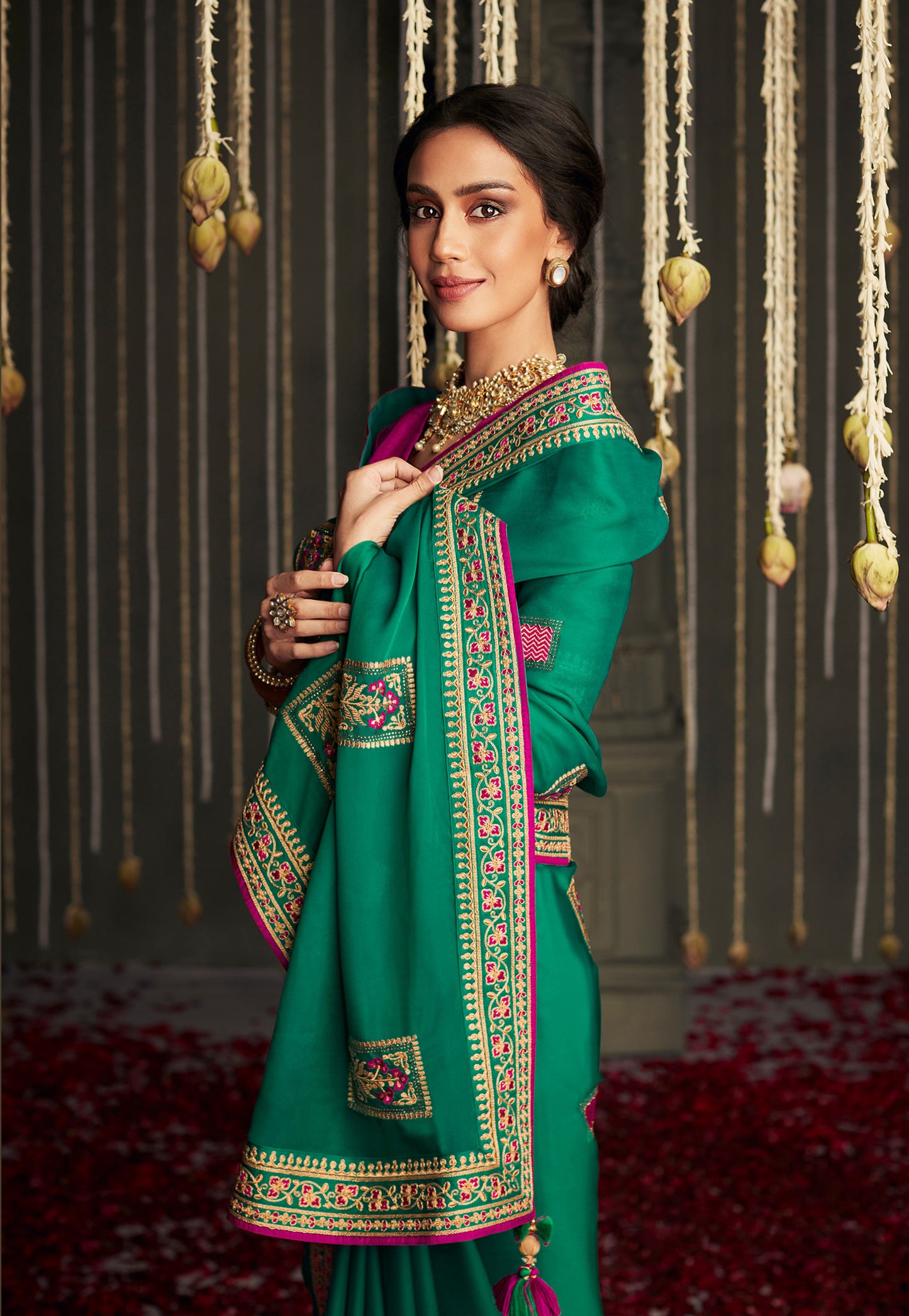 Fern Green Satin Silk Designer Saree with Pink Blouse