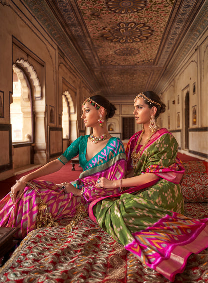 Dark Pink Ikat Design Patola Saree in Pure Satin Silk