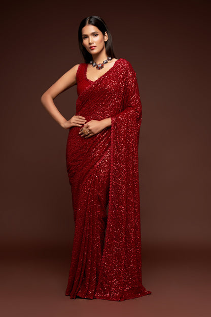 Blood Red Sequin emblished Designer Sparkling Georgette Saree Bloue for Every Occassions
