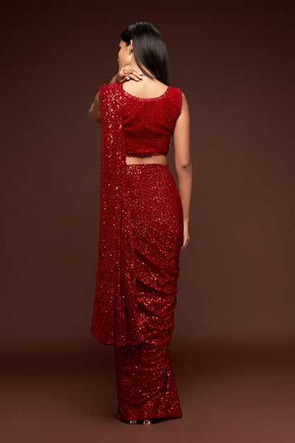 Blood Red Sequin emblished Designer Sparkling Georgette Saree Bloue for Every Occassions