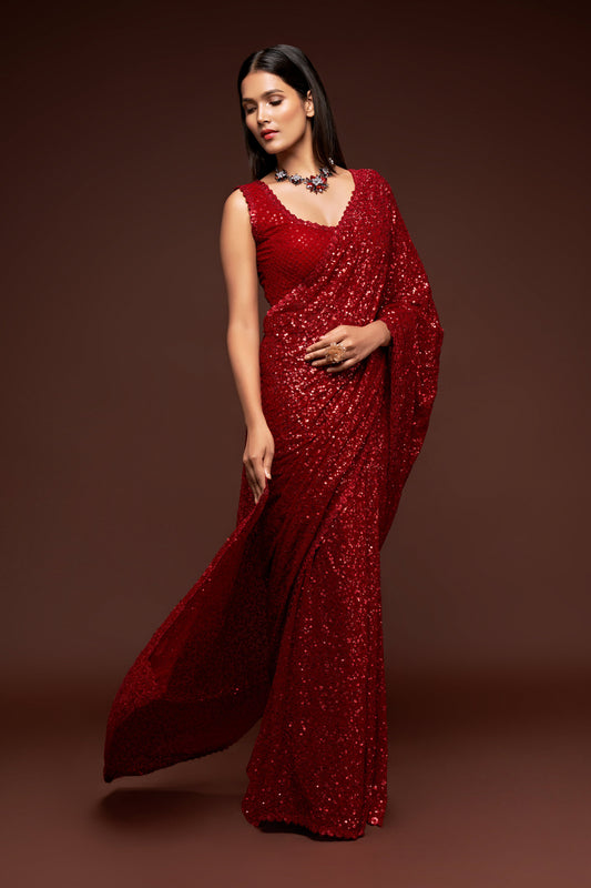 Blood Red Sequin emblished Designer Sparkling Georgette Saree Bloue for Every Occassions