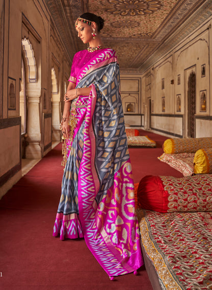 Cement Grey Ikat Design Patola Saree in Pure Satin Silk