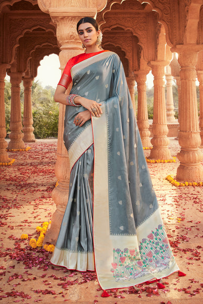 Silver Grey Designer Paithani Saree with Unique Pallu