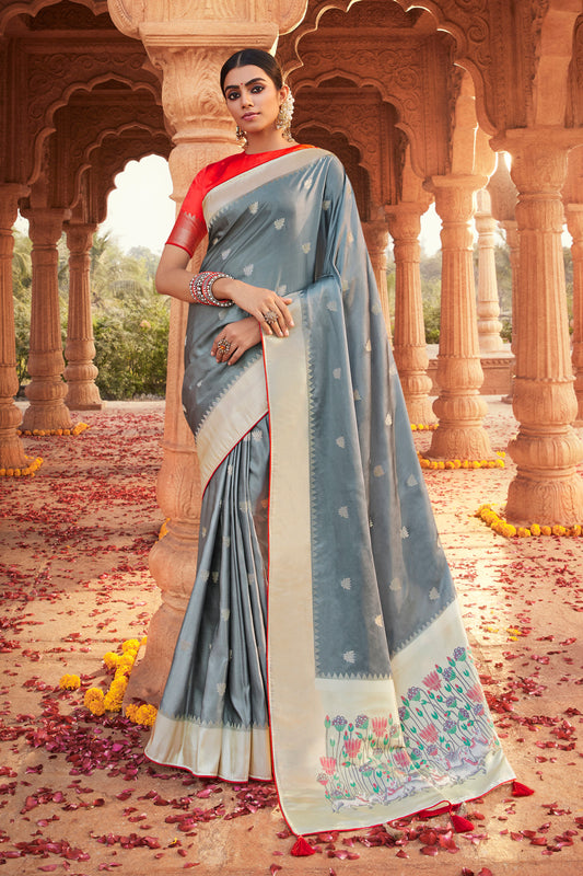 Silver Grey Designer Paithani Saree with Unique Pallu