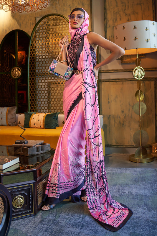 Glossy Pink Designer 3d Printed Soft Satin Silk Saree with Blouse