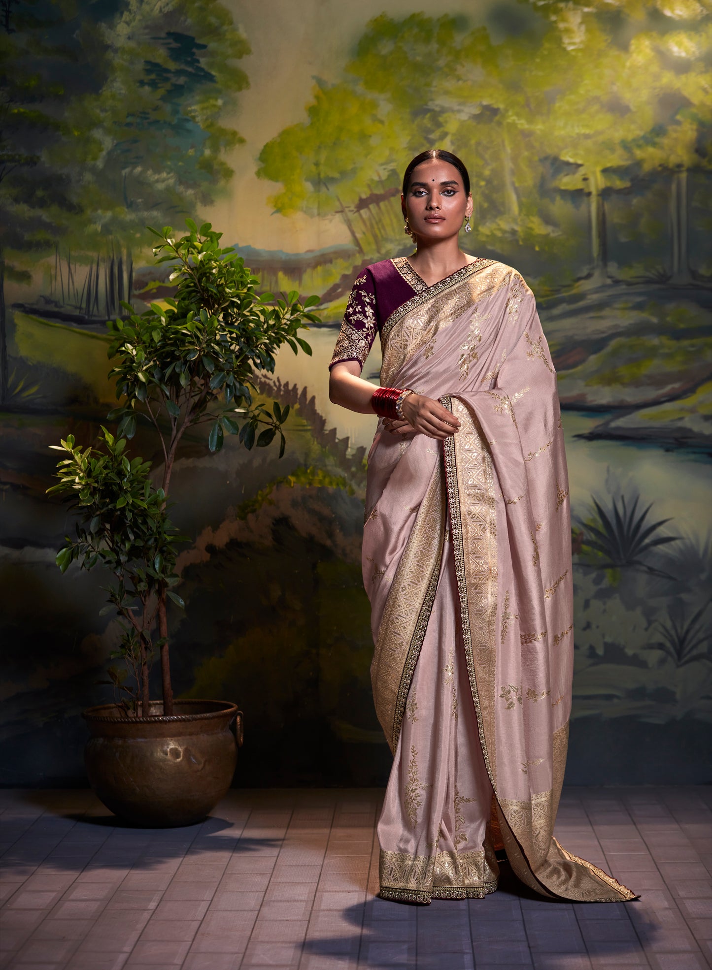 Dusty Rose Banarasi Woven Saree with Maroon Blouse