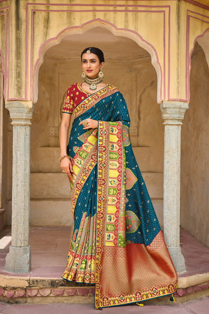 Indigo Blue  Dola Silk Big Bordered Designer Saree with Embroidered Blouse