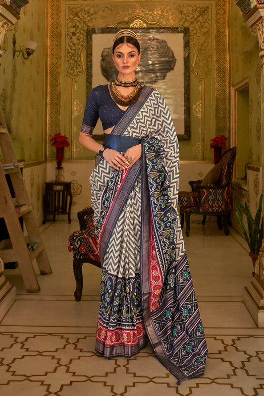 Midnight Blue with White Patola Design Saree with Contrast Zari Border and Pallu