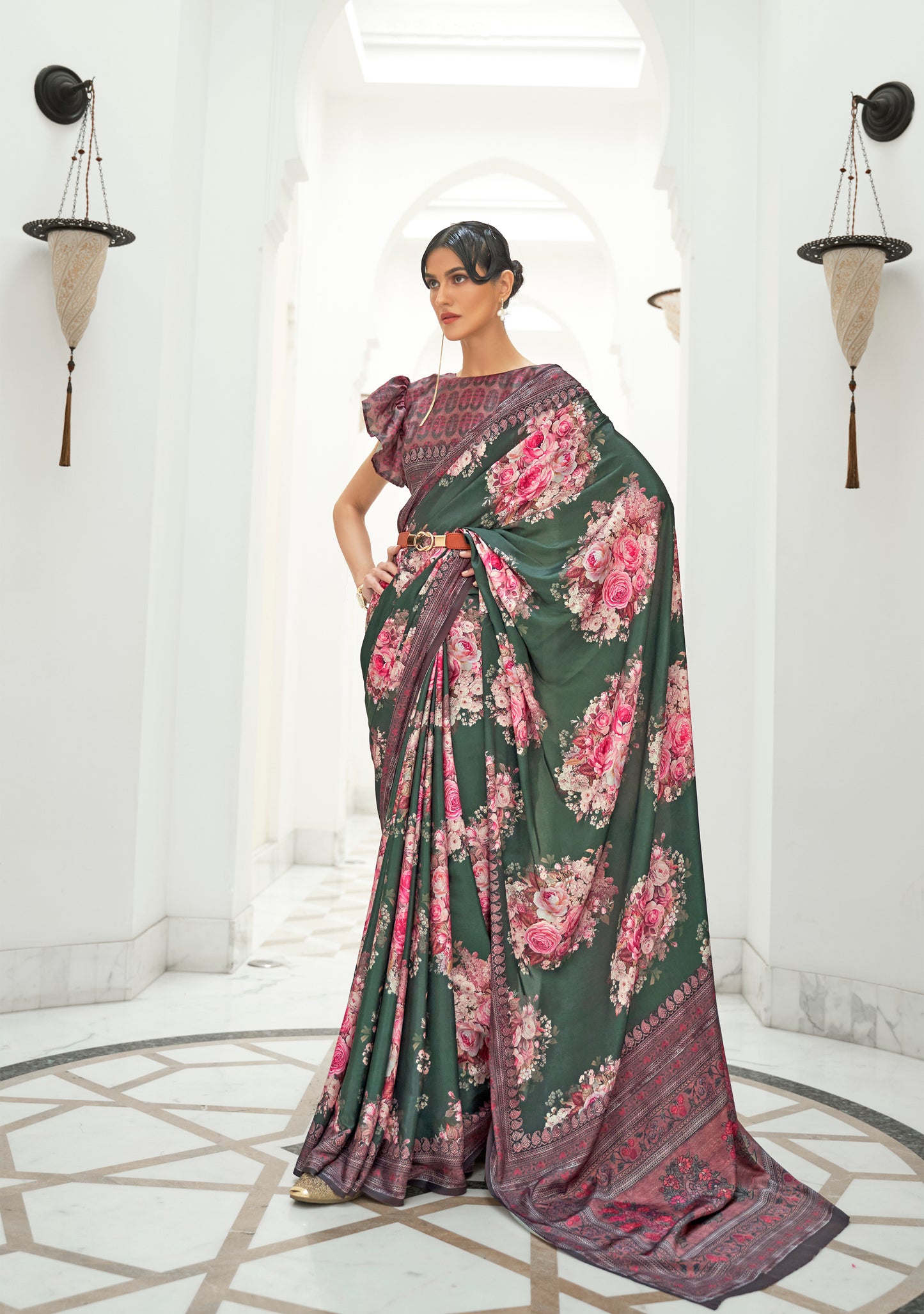 Moss Green Designer Floral 3D Printed Sarees