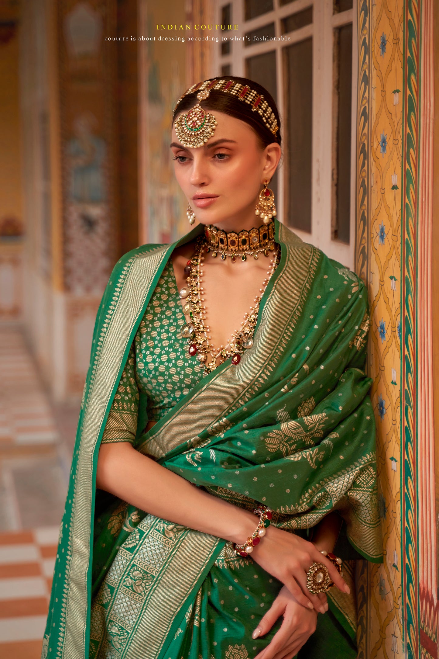 Poison Green Banarasi Silk Saree with Designer Blouse for Women