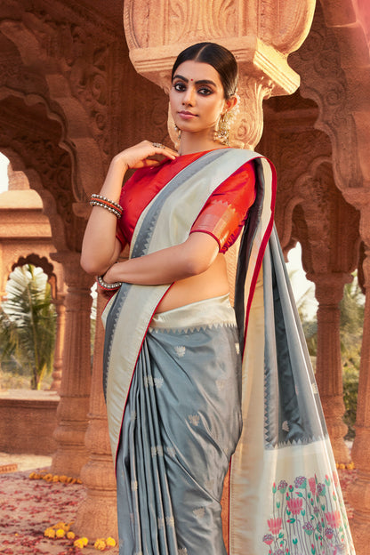 Silver Grey Designer Paithani Saree with Unique Pallu