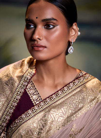 Dusty Rose Banarasi Woven Saree with Maroon Blouse