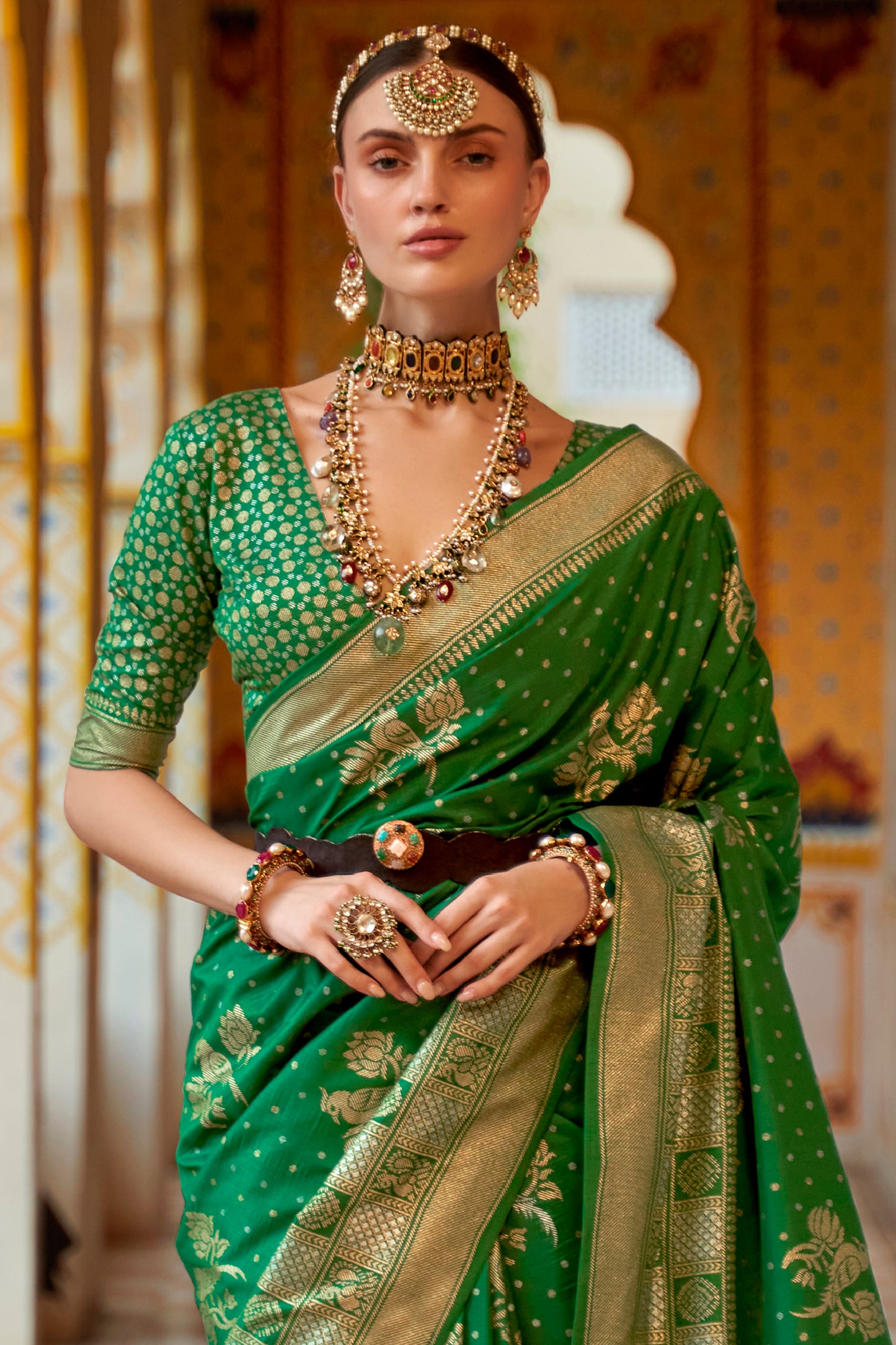 Poison Green Banarasi Silk Saree with Designer Blouse for Women