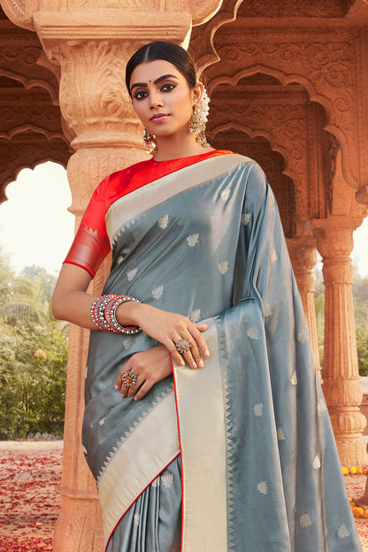 Silver Grey Designer Paithani Saree with Unique Pallu