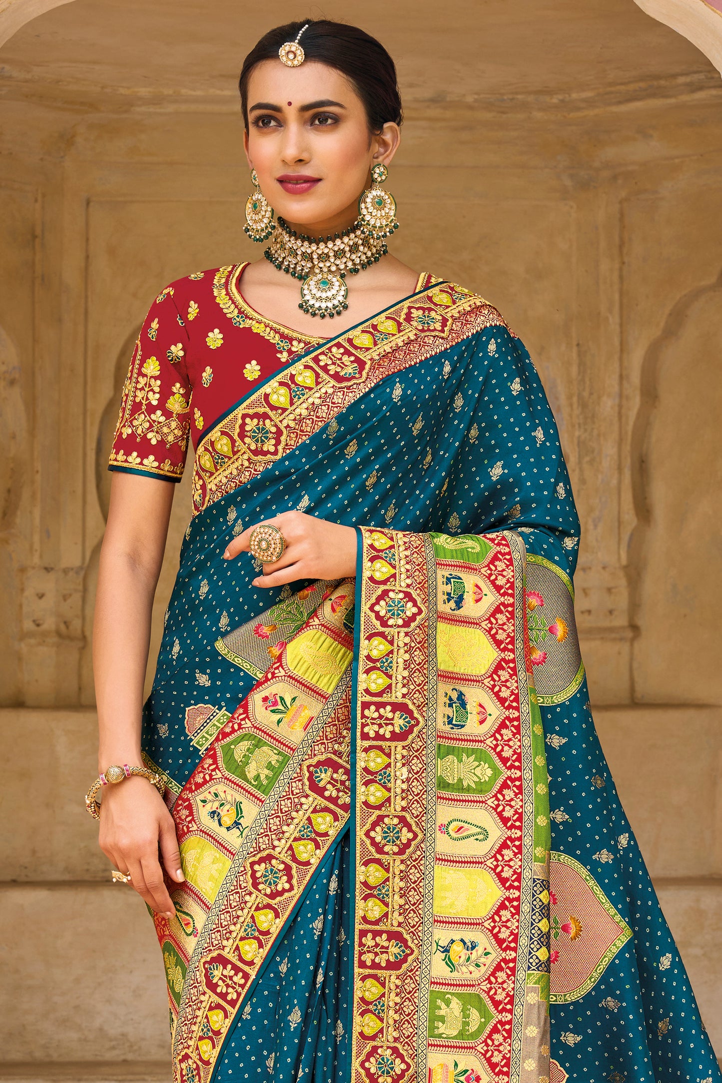 Indigo Blue  Dola Silk Big Bordered Designer Saree with Embroidered Blouse